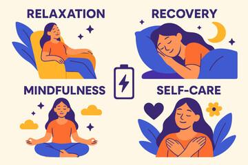 Modern Relaxation Vibes. Concepts in modern flat vector : relaxation, recovery, peace, comfort, mindfulness, recharging, self-care, stress relief
