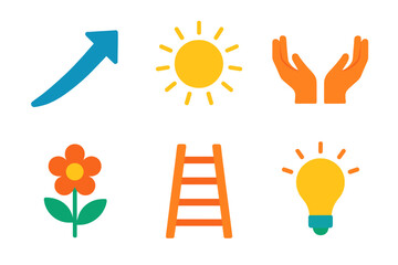 Icons of Hope. Optimism in modern flat vector : upward arrow, sunshine, open hands, flower, ladder, lightbulb