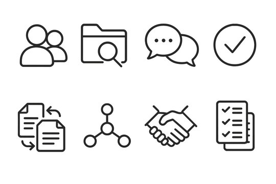 Collaboration Workflow Icons. Collaboration workflow icons in outline style: user avatars, shared folder, speech bubbles, approval check, document