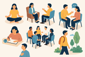 Wellness and Mental Health. Situations set icons in modern isometric flat : person meditating, person talking to therapist, supportive conversation,
