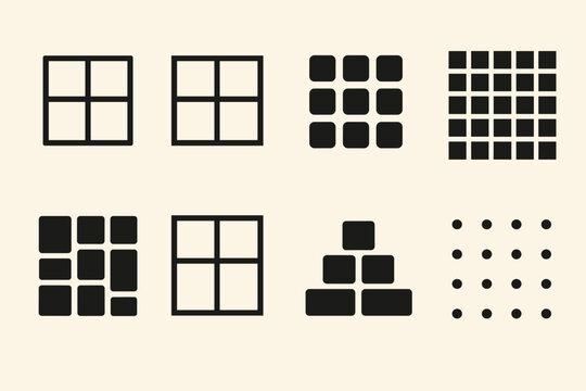 Grid Icons. Objects set of icons in abstract flat : square grid, rectangle grid, 3x3 layout, 4x4 layout, mosaic tiles, window panes, stacked blocks,