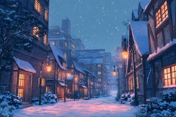 Enchanting european village street illuminated by warm lights snowfall evening atmosphere cozy ambiance winter magic fantasy landscape