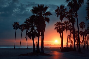 Cinematic paysage photography captures majestic palms silhouetted against a vibrant sunset on the beach during twilight hours
