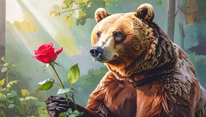 A bear delicately holds a single red rose in a forest setting with soft, dappled light