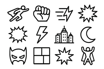 Superhero Action Icons. Superhero action icons in outline style: flying figure, fist punch, speed lines, explosion burst, pow bubble, zap lightning,