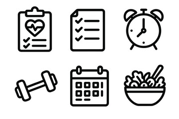 Daily Routine Icons. Daily routine icons in outline style: wellbeing plan, checklist, alarm clock, calendar, dumbbell, salad bowl