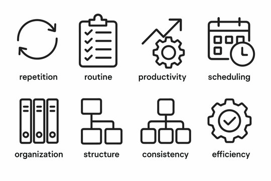 Productivity Icons. Concepts icons in outline style: repetition, routine, productivity, scheduling, organization, structure, consistency, efficiency