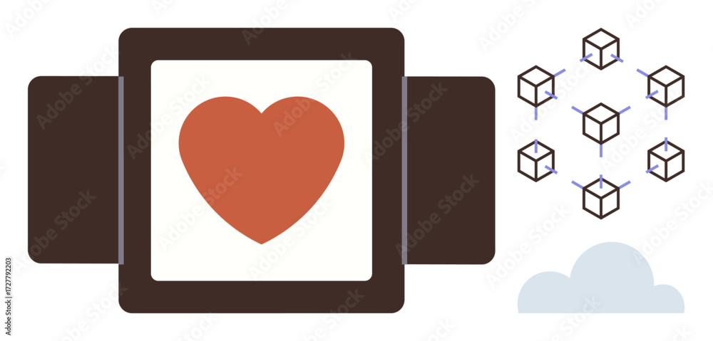 Leinwandbilder heart framed in a brown box alongside cubes connected in a blockchain network above a cloud. ideal f