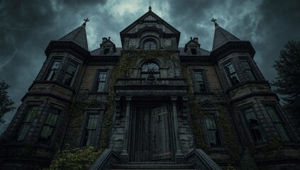 Naklejka premium Majestic gothic cathedral rising over the city skyline, showcasing historic European architecture and cultural heritage.