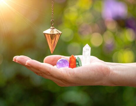 un pendulo de cuarzo de adivinacion, con cristales, 7 chakras sobre una mano abierta