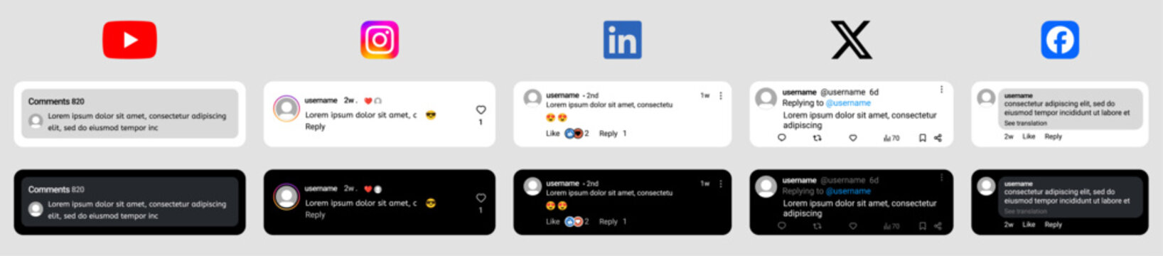 Social media comments UI mockup for YouTube comments , Instagram comments , LinkedIn, X, and Facebook. comments Light and dark mode interface design template.