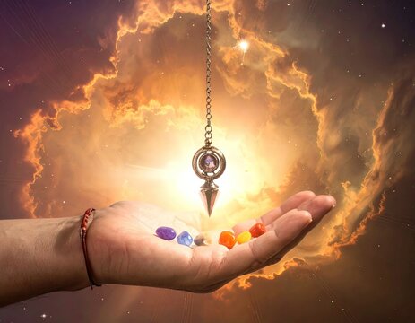 un pendulo de cuarzo de adivinacion, sobre una mano abierta con cristales de los 7 chakras