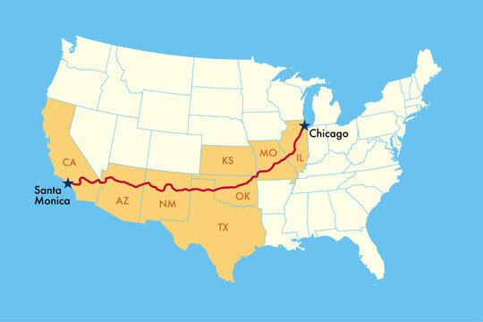 Vector Map of the United States Showing Route 66 from Chicago to Santa Monica with Highlighted States