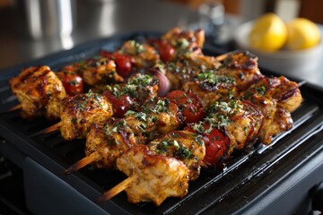 Delicious chicken skewers grilled to perfection on a modern electric grill in a cozy kitchen setting during a bright afternoon gathering