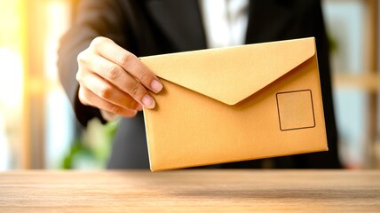 Fototapeta premium Hand Holding Yellow Envelope with Soft Light Background