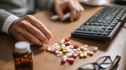 Person Handling Various Pills and Medication on Wooden Table