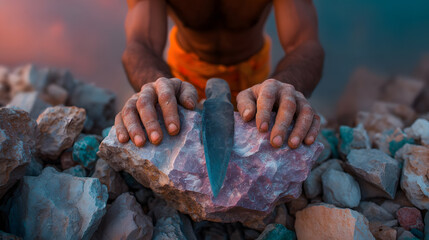 prehistoric stone tool, close up hands, survival concept, ancient weapon, outdoor rugged rocks, tribal style, earthy tones, primitive life, archaeological vibe