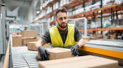 Warehouse Worker Handling Packages on Conveyor Belt in Distribution Center