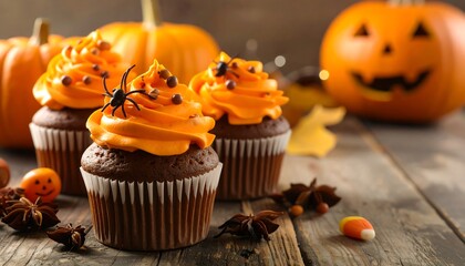 Halloween cupcakes with orange frosting, decorated with spiders and chocolate sprinkles
