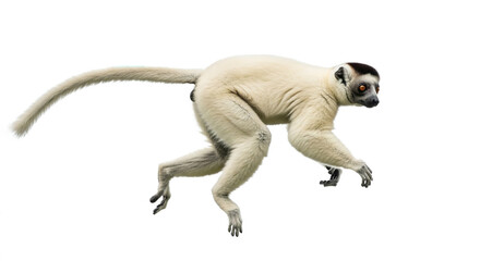 Obraz premium White lemur with black markings leaping between trees against a white background.