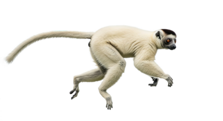 White lemur with black markings leaping between trees against a white background.
