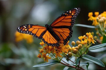 Fototapeta premium Monarch butterfly delicately feeding on vibrant native milkweed within a natural habitat, showcasing the beauty of pollination during a sunny day