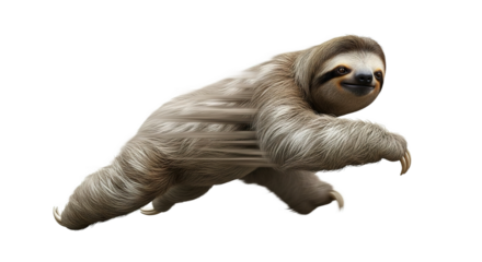 Sloth running fast with motion blur on white background.