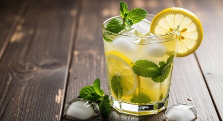 Fototapeta premium Refreshing Cold Lemonade Drink with Mint and Ice on Wooden Table Summer Beverage