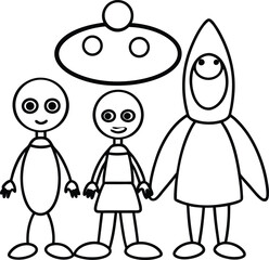 cute alien family with spaceships illustration on transparent background