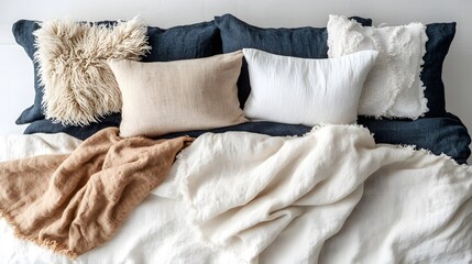 Cozy Bedroom Linen Texture,  Beige, White, and Grey Pillows and Blanket