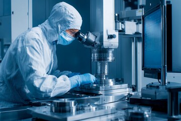A trained technician in protective gear focuses on machinery adjustments in a cleanroom. The setting features advanced equipment and monitors, emphasizing attention to detail