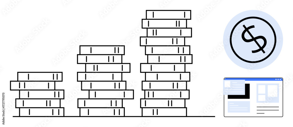Poster stacks of coins in ascending height, dollar sign icon, and a web interface suggest concepts of growt