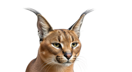 Caracal cat headshot with distinctive ear tufts isolated on white background.
