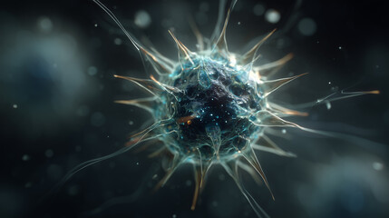 Obraz premium Dynamic rendering of a single biological entity, featuring a spiky surface and translucent core, representing the complex nature of microscopic life and cellular science
