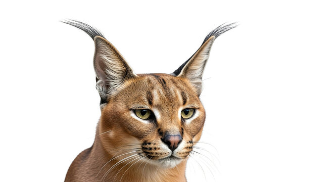 Caracal cat headshot with distinctive ear tufts isolated on white background.