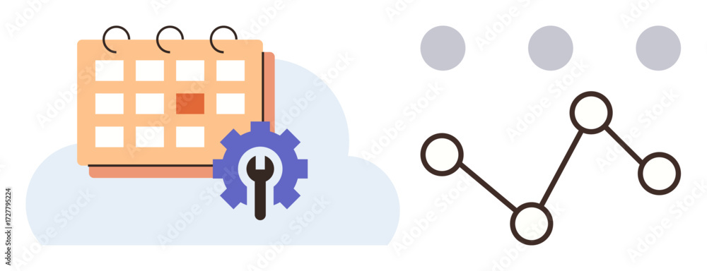 Poster calendar with a gear on a cloud for settings and task management beside connected dots for data anal