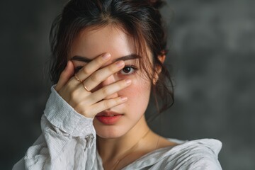 Young Asian woman covering her face in a serene indoor setting with muted tones and soft lighting during a quiet afternoon