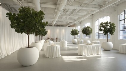 A spacious, minimalist event venue adorned with large round planters holding verdant trees, highlighted by elegant white table settings.