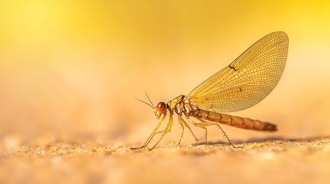 Closeup macro photograph of a delicate winged insect resting on a textured surface