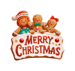 Naklejka premium Watercolor gingerbread family with “Merry Christmas” sign and holly. Festive clipart, isolated on white