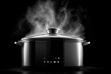 A slow cooker sits on a dark countertop, releasing steam and filling the air with aromas