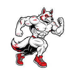 Muscular white fox character running with red accents