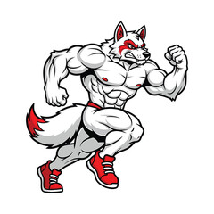 Muscular white fox character running with red accents