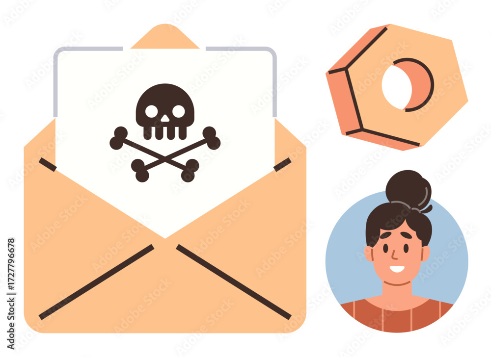 Aufkleber open envelope with skull and crossbones signifies danger, hexagonal object and woman s portrait impl
