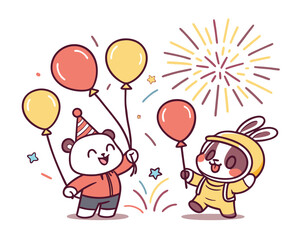 Cute Cartoon Animals Celebrating with Balloons and Fireworks Joyful Party Illustration Design for Children and Celebrations
