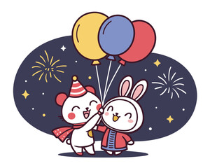 Festive Cartoon Animals Celebrating New Year with Balloons and Fireworks in a Whimsical Illustration for Happy Occasions