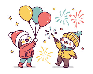 Joyful Children Celebrating with Balloons and Sparklers Illustration for New Year or Holiday Fun