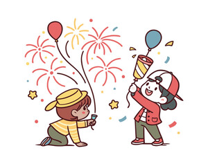 Cute Cartoon Kids Celebrating with Fireworks Balloons and Confetti Festive Holiday Celebration Illustration Design for Children