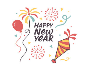 Festive Happy New Year Celebration with Party Elements and Colorful Decorations for Holiday Greetings and Event Invitations