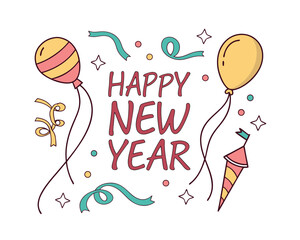 Happy New Year Celebration with Colorful Balloons Streamers and Confetti Festive Holiday Vector Illustration Fun and Joyful Celebration New Year Greeting Card © Yasin24